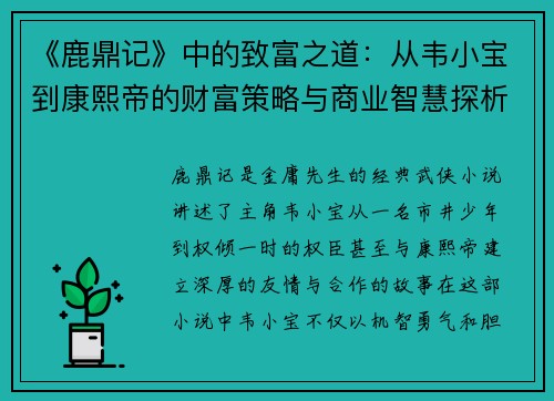 《鹿鼎记》中的致富之道：从韦小宝到康熙帝的财富策略与商业智慧探析